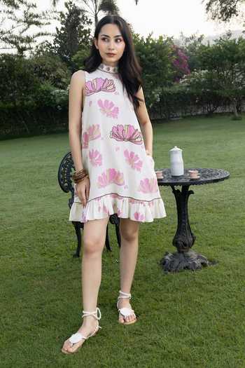 Buy_Akashi Clothing_Pink Cotton High Neck Hand Block Print Dress _Online_at_Aza_Fashions