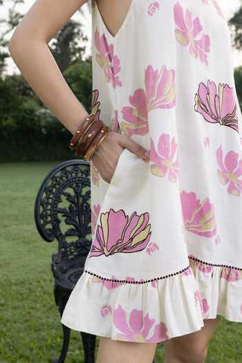 Akashi Clothing_Pink Cotton High Neck Hand Block Print Dress _at_Aza_Fashions