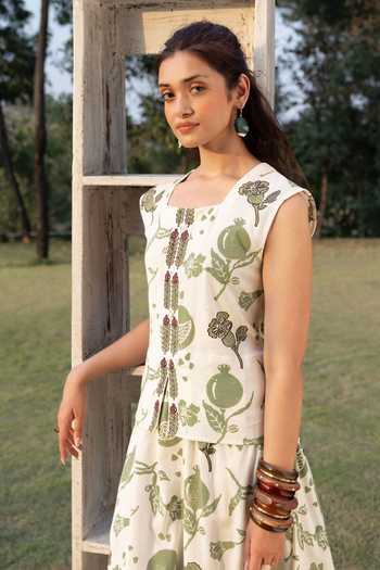 Akashi Clothing_Green Cotton Square Neck Hand Block Print Dress _Online_at_Aza_Fashions