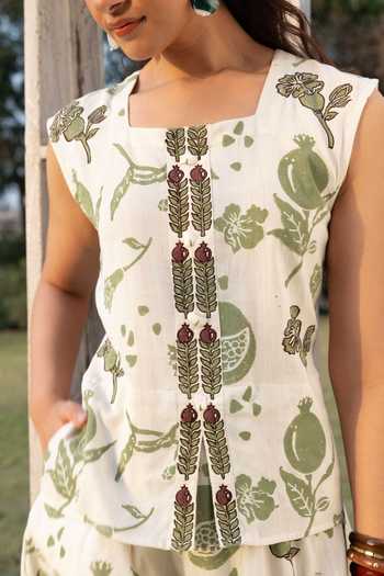 Shop_Akashi Clothing_Green Cotton Square Neck Hand Block Print Dress _Online_at_Aza_Fashions