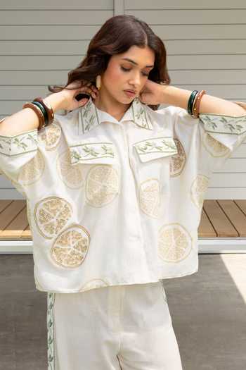 Buy_Akashi Clothing_Beige Cotton Button-down Neck Printed Boxy Shirt And Pant Set _Online_at_Aza_Fashions