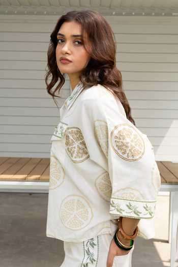 Shop_Akashi Clothing_Beige Cotton Button-down Neck Printed Boxy Shirt And Pant Set _Online_at_Aza_Fashions