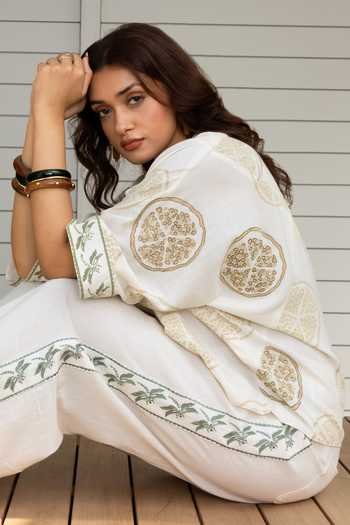 Akashi Clothing_Beige Cotton Button-down Neck Printed Boxy Shirt And Pant Set _at_Aza_Fashions