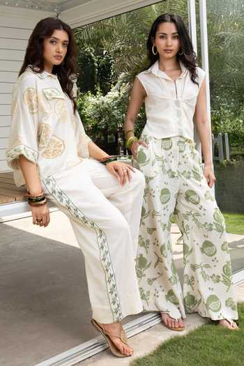 Shop_Akashi Clothing_Beige Cotton Button-down Neck Printed Boxy Shirt And Pant Set 