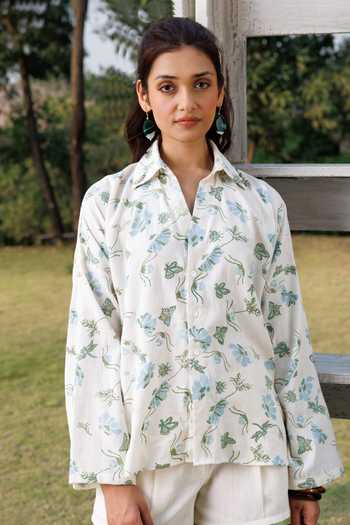 Akashi Clothing_Blue Cotton Collared Neck Embroidered Shirt And Shorts Set _Online_at_Aza_Fashions