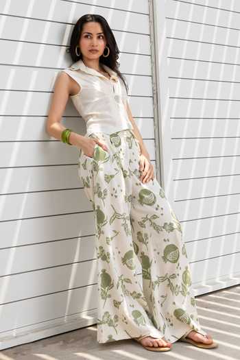 Shop_Akashi Clothing_Beige Cotton Collared Neck Gathered Top With Pant _Online_at_Aza_Fashions