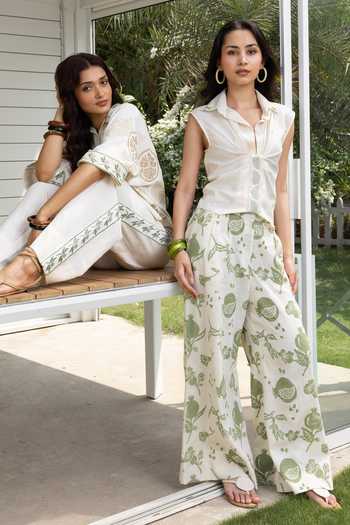 Shop_Akashi Clothing_Beige Cotton Collared Neck Gathered Top With Pant 