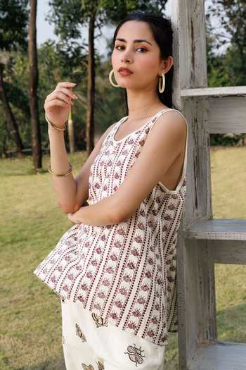 Buy Akashi Clothing Beige Cotton Round Neck Block Print Top And Pant Set Online at Aza Fashions Buy_Akashi Clothing_Beige Cotton Round Neck Block Print Top And Pant Set _Online_at_Aza_Fashions