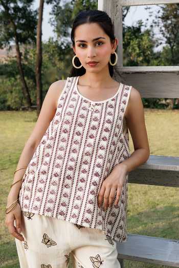 Shop Akashi Clothing Beige Cotton Round Neck Block Print Top And Pant Set Online at Aza Fashions Shop_Akashi Clothing_Beige Cotton Round Neck Block Print Top And Pant Set _Online_at_Aza_Fashions