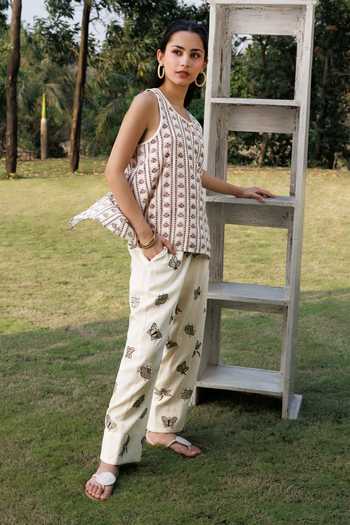 Akashi Clothing Beige Cotton Round Neck Block Print Top And Pant Set at Aza Fashions Akashi Clothing_Beige Cotton Round Neck Block Print Top And Pant Set _at_Aza_Fashions