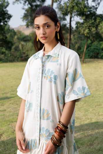 Buy Akashi Clothing Blue Cotton Collared Neck Pleated Shirt Dress Online at Aza Fashions Buy_Akashi Clothing_Blue Cotton Collared Neck Pleated Shirt Dress _Online_at_Aza_Fashions
