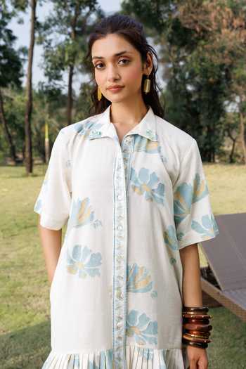 Shop Akashi Clothing Blue Cotton Collared Neck Pleated Shirt Dress Online at Aza Fashions Shop_Akashi Clothing_Blue Cotton Collared Neck Pleated Shirt Dress _Online_at_Aza_Fashions