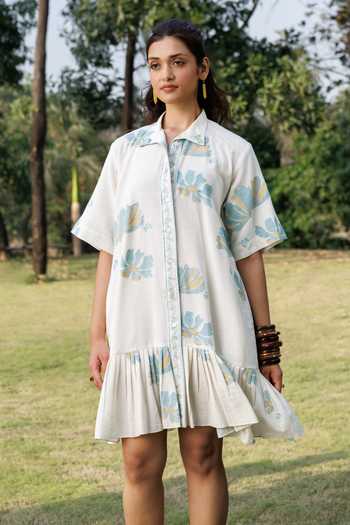 Akashi Clothing Blue Cotton Collared Neck Pleated Shirt Dress at Aza Fashions Akashi Clothing_Blue Cotton Collared Neck Pleated Shirt Dress _at_Aza_Fashions