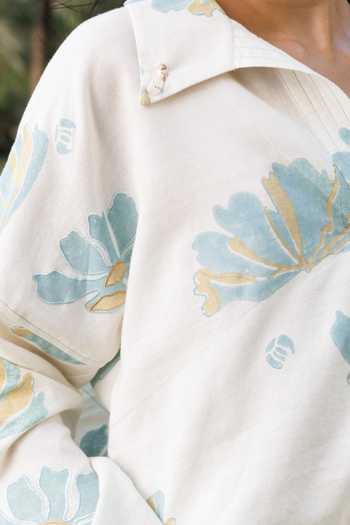 Akashi Clothing_Blue Cotton Collared Neck Hand Block Print Top And Pant Set _Online_at_Aza_Fashions
