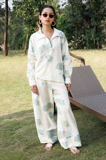Buy_Akashi Clothing_Blue Cotton Collared Neck Hand Block Print Top And Pant Set _Online_at_Aza_Fashions