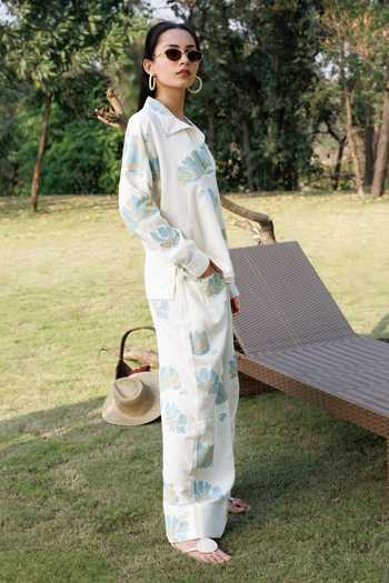 Shop_Akashi Clothing_Blue Cotton Collared Neck Hand Block Print Top And Pant Set _Online_at_Aza_Fashions