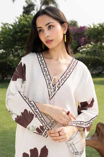 Akashi Clothing_Beige Cotton V-neck Floral Embroidered Kaftan _Online_at_Aza_Fashions