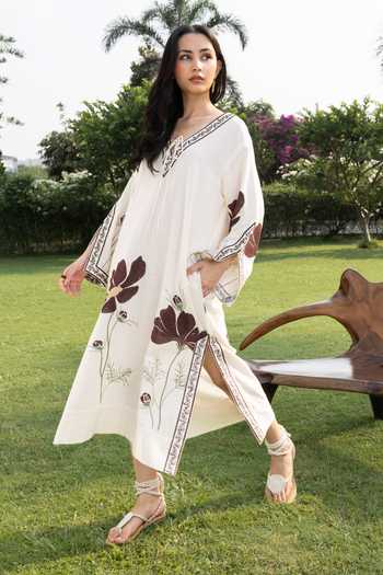Buy_Akashi Clothing_Beige Cotton V-neck Floral Embroidered Kaftan _Online_at_Aza_Fashions