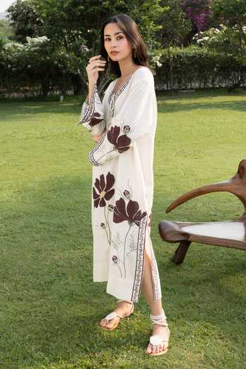 Shop_Akashi Clothing_Beige Cotton V-neck Floral Embroidered Kaftan _Online_at_Aza_Fashions