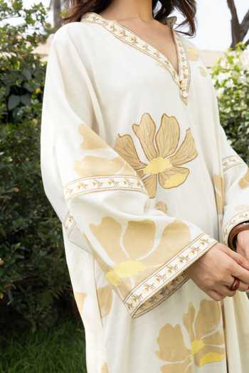 Akashi Clothing Yellow Cotton V-neck Border Embroidered Kaftan Online at Aza Fashions Akashi Clothing_Yellow Cotton V-neck Border Embroidered Kaftan _Online_at_Aza_Fashions