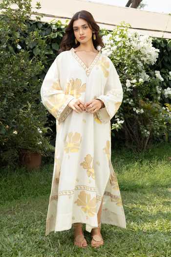 Shop Akashi Clothing Yellow Cotton V-neck Border Embroidered Kaftan Online at Aza Fashions Shop_Akashi Clothing_Yellow Cotton V-neck Border Embroidered Kaftan _Online_at_Aza_Fashions