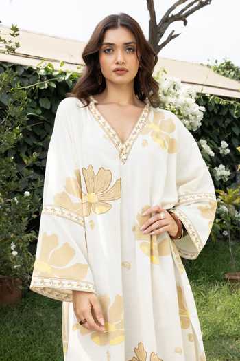 Buy Akashi Clothing Yellow Cotton V-neck Border Embroidered Kaftan Buy_Akashi Clothing_Yellow Cotton V-neck Border Embroidered Kaftan