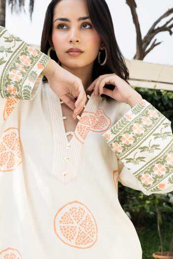 Akashi Clothing_Beige Cotton V-neck Pomegranate Print Kaftan _Online_at_Aza_Fashions