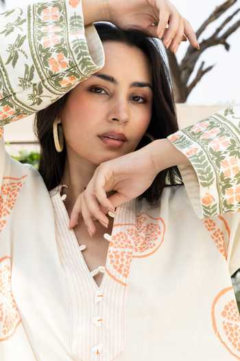 Shop_Akashi Clothing_Beige Cotton V-neck Pomegranate Print Kaftan _Online_at_Aza_Fashions