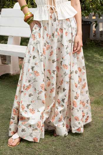 Buy_Akashi Clothing_Ivory Cotton V-neck Tie-up Top And Printed Skirt Set _Online_at_Aza_Fashions