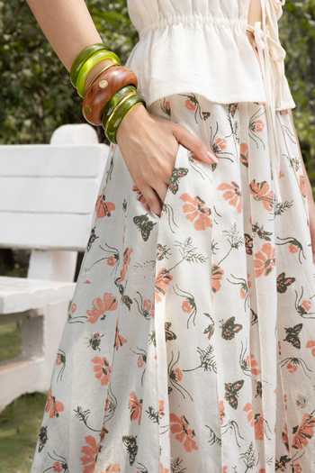 Shop_Akashi Clothing_Ivory Cotton V-neck Tie-up Top And Printed Skirt Set _Online_at_Aza_Fashions