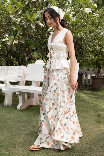 Akashi Clothing_Ivory Cotton V-neck Tie-up Top And Printed Skirt Set _at_Aza_Fashions