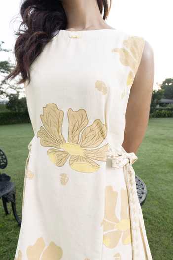 Akashi Clothing_Beige Cotton Round Neck Pomegranate Print Dress _Online_at_Aza_Fashions