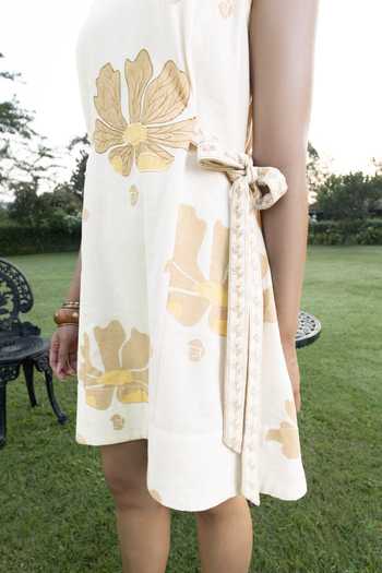 Buy_Akashi Clothing_Beige Cotton Round Neck Pomegranate Print Dress _Online_at_Aza_Fashions