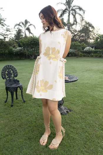 Akashi Clothing_Beige Cotton Round Neck Pomegranate Print Dress _at_Aza_Fashions