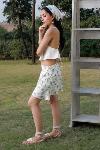 Akashi Clothing Off White Cotton Square Neck Criss Cross Cropped Top And Skirt Set at Aza Fashions Akashi Clothing_Off White Cotton Square Neck Criss Cross Cropped Top And Skirt Set _at_Aza_Fashions