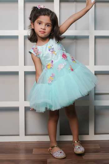 Buy_Jingle Bells_Green Cotton, Satin, Net Candy Embroidered Dress _Online_at_Aza_Fashions