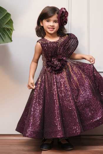 Jingle Bells Wine Sequins, Fabric Flowers Work Gown at Aza Fashions Jingle Bells_Wine Sequins, Fabric Flowers Work Gown _at_Aza_Fashions