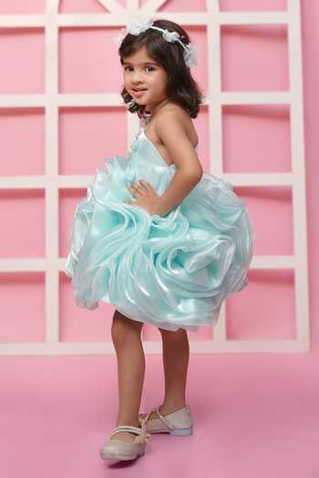 Jingle Bells_Green Tissue Flower Embroidered Dress _Online_at_Aza_Fashions