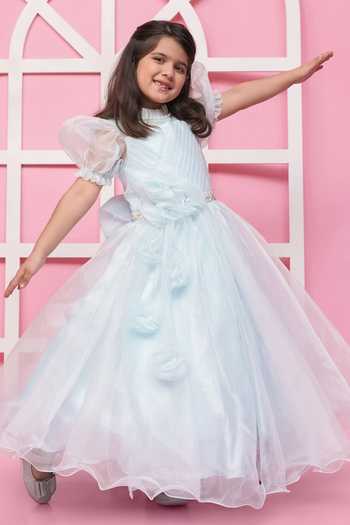 Shop_Jingle Bells_Blue Organza Pearls, Applique, Fabric Flowers, Bows Floral Gown _Online_at_Aza_Fashions