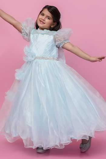 Jingle Bells_Blue Organza Pearls, Applique, Fabric Flowers, Bows Floral Gown _at_Aza_Fashions