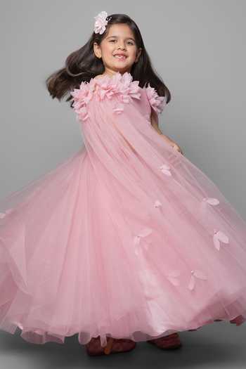 Buy_Jingle Bells_Pink Net Fabric Flowers Embroidered Gown _Online_at_Aza_Fashions