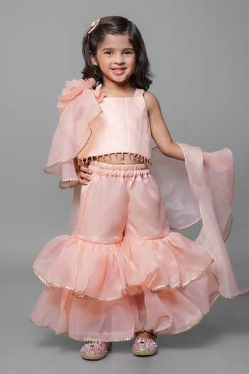 Jingle Bells_Peach Tissue Embroidered Top Gharara Set _at_Aza_Fashions