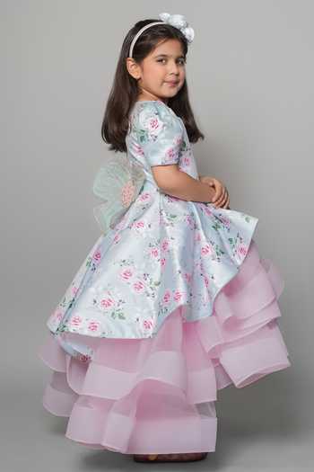 Jingle Bells_Pink Cotton, Net Floral Print Dress With Detachable Bow _Online_at_Aza_Fashions