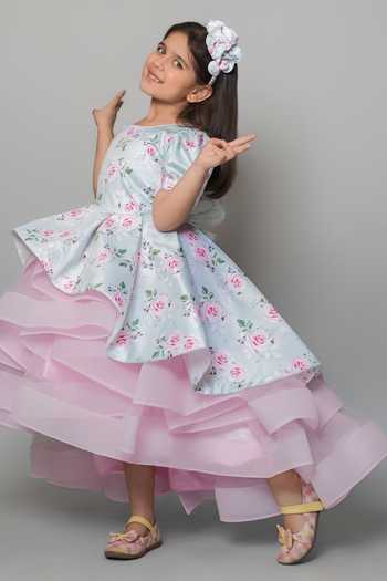 Buy_Jingle Bells_Pink Cotton, Net Floral Print Dress With Detachable Bow _Online_at_Aza_Fashions