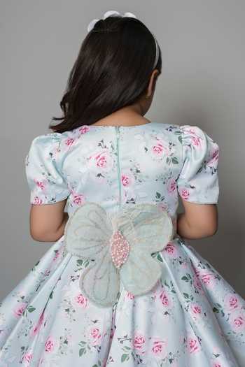 Shop_Jingle Bells_Pink Cotton, Net Floral Print Dress With Detachable Bow _Online_at_Aza_Fashions