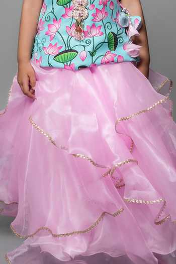 Jingle Bells_Pink Cotton, Tissue Ruffle Lehenga And Blouse Set _Online_at_Aza_Fashions