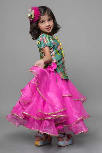 Buy_Jingle Bells_Pink Cotton, Tissue Lotus Print Top And Lehenga Set _Online_at_Aza_Fashions
