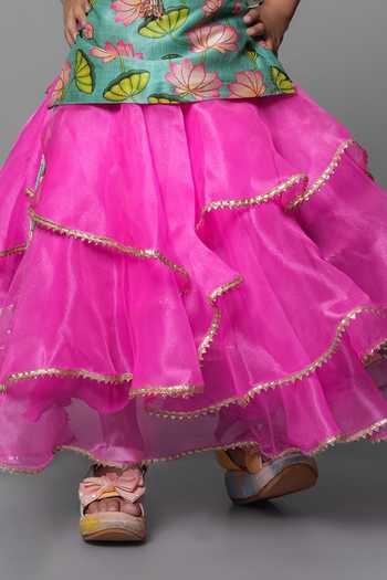 Shop_Jingle Bells_Pink Cotton, Tissue Lotus Print Top And Lehenga Set _Online_at_Aza_Fashions