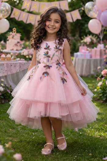Shop_Jingle Bells_Pink Net Floral Embroidered Dress _Online_at_Aza_Fashions