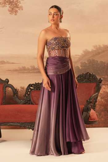 Kiran Kalsi_Purple Organza, Satin Bandeau Neck Hand Embroidered Blouse Lehenga Set _Online_at_Aza_Fashions